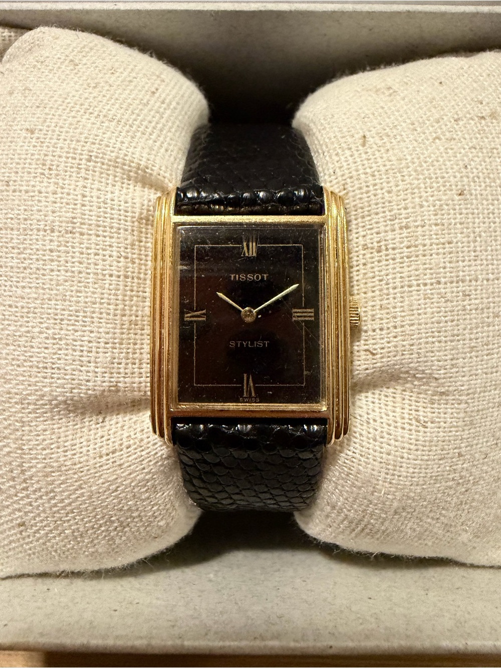 Tissot Gold Tank Rectangular Watch with Black Dial and Black Strap